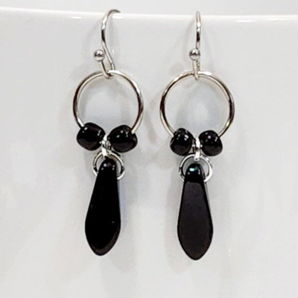 Czechoslovakian Black Glass Dagger Earrings Lightweight Minimalist